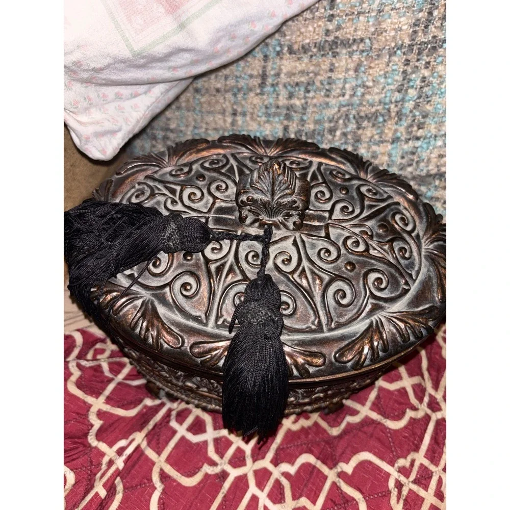 Vintage Style Bronze Ornate Oval Trinket Box with Black Tassels & Felt Lining